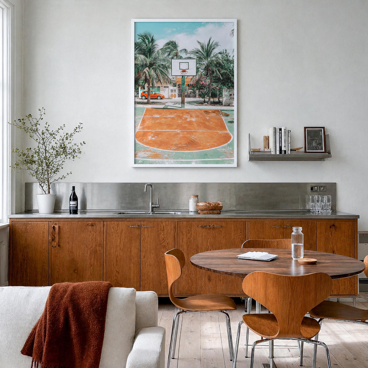Basketball Court no. 3 colorful photo poster – vertical wall art in white wood frame, hanging on wall