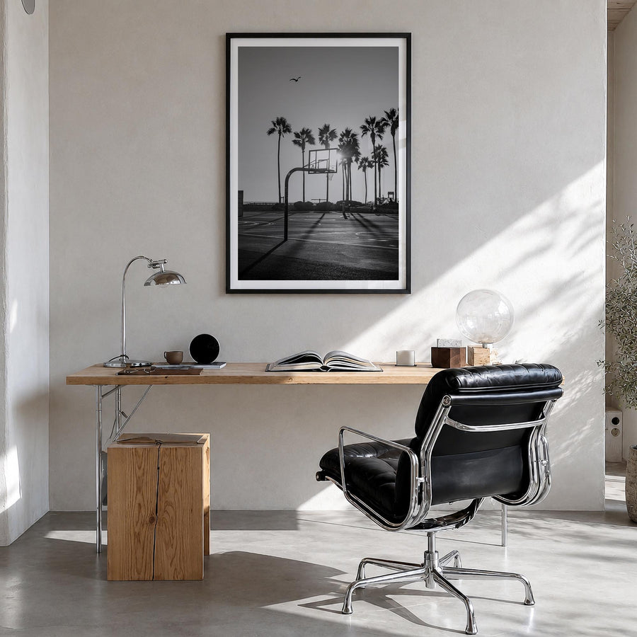 Basketball Court no. 4 black & white photo poster – vertical wall art in black wood frame with white border, hanging on wall