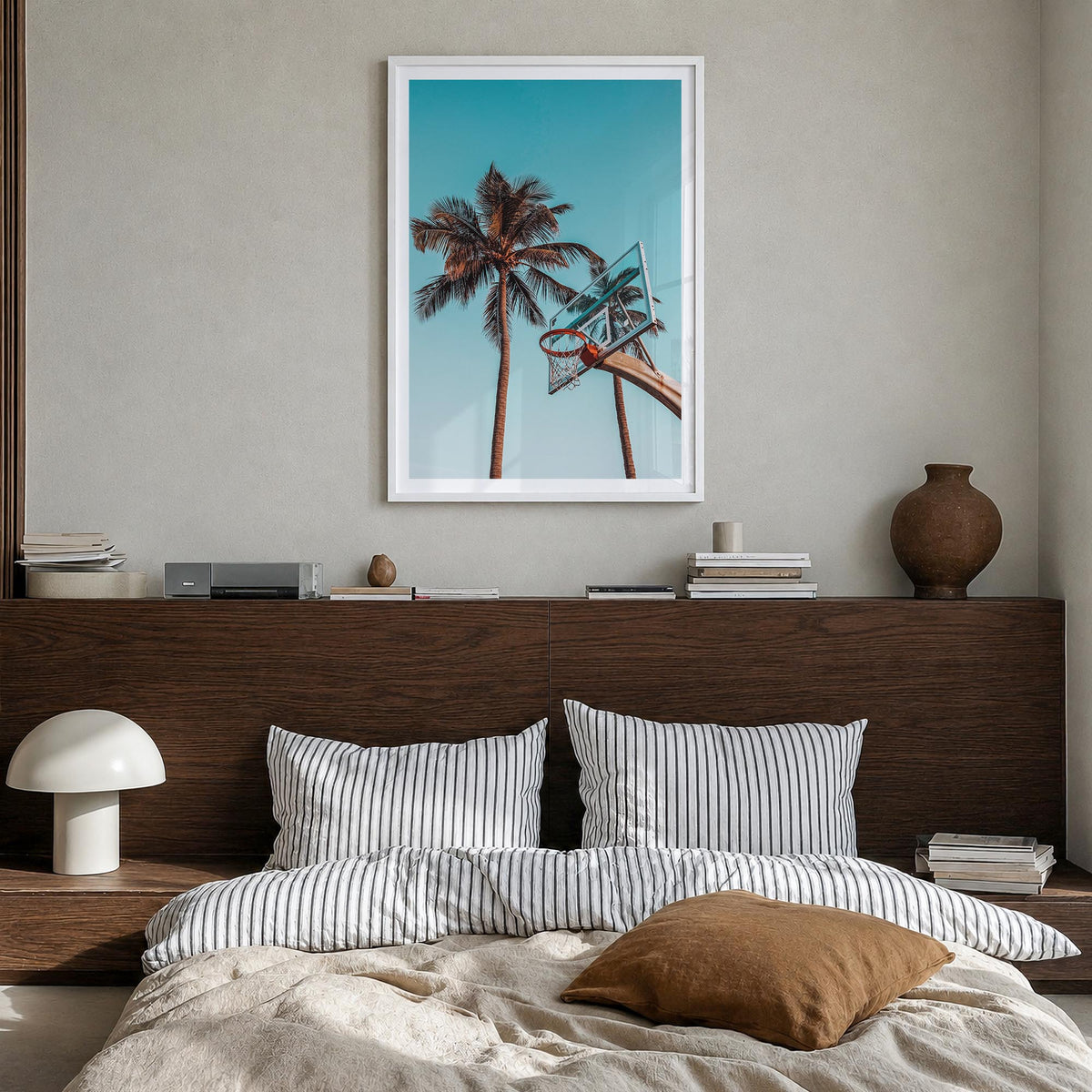 Basketball Court no. 4 colorful photo poster – vertical wall art in white wood frame with white border, hanging on wall