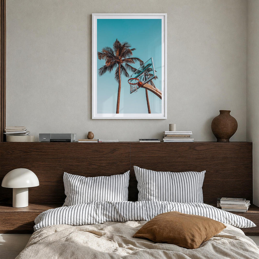 Basketball Court no. 4 colorful photo poster – vertical wall art in white wood frame with white border, hanging on wall