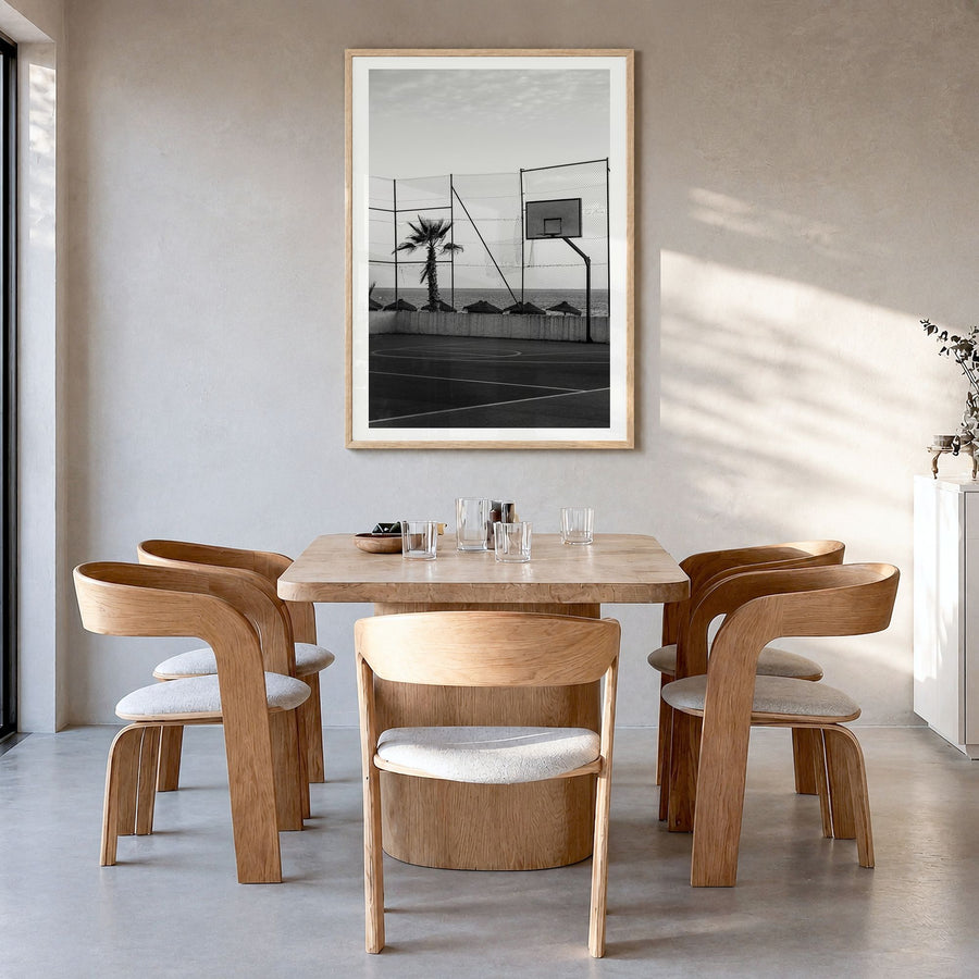 Basketball Court Photo No 3 Poster in a natural wood frame, hanging in a dining room, white border