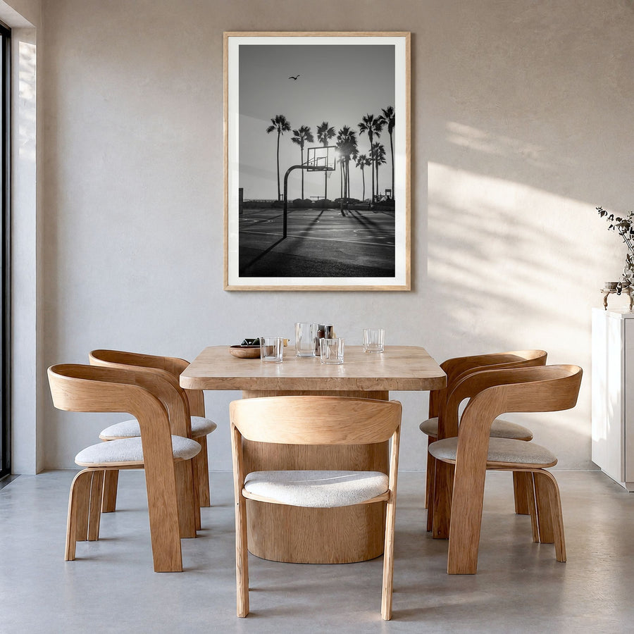 Basketball Court Photo No 4 Poster in a natural wood frame, hanging in a dining room, white border