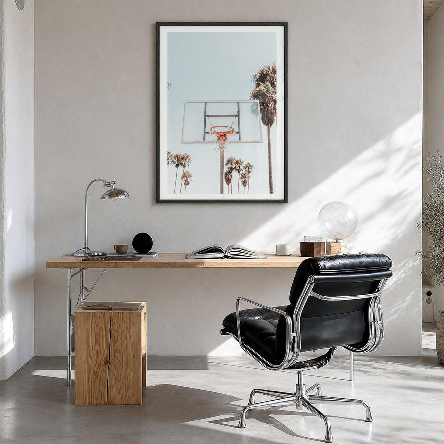 Basketball Court Photo No 2 Poster in black wood frame, interior mockup with white border