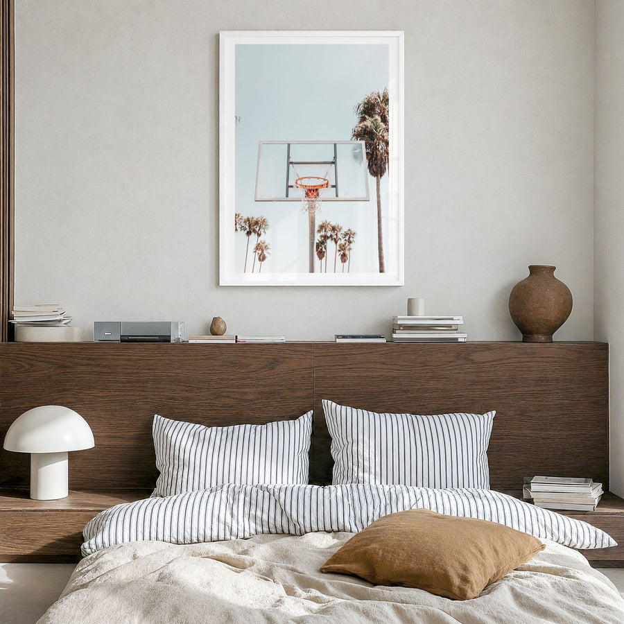 Basketball Court Photo No 2 Poster in a white wood frame, hanging in a bedroom, white border