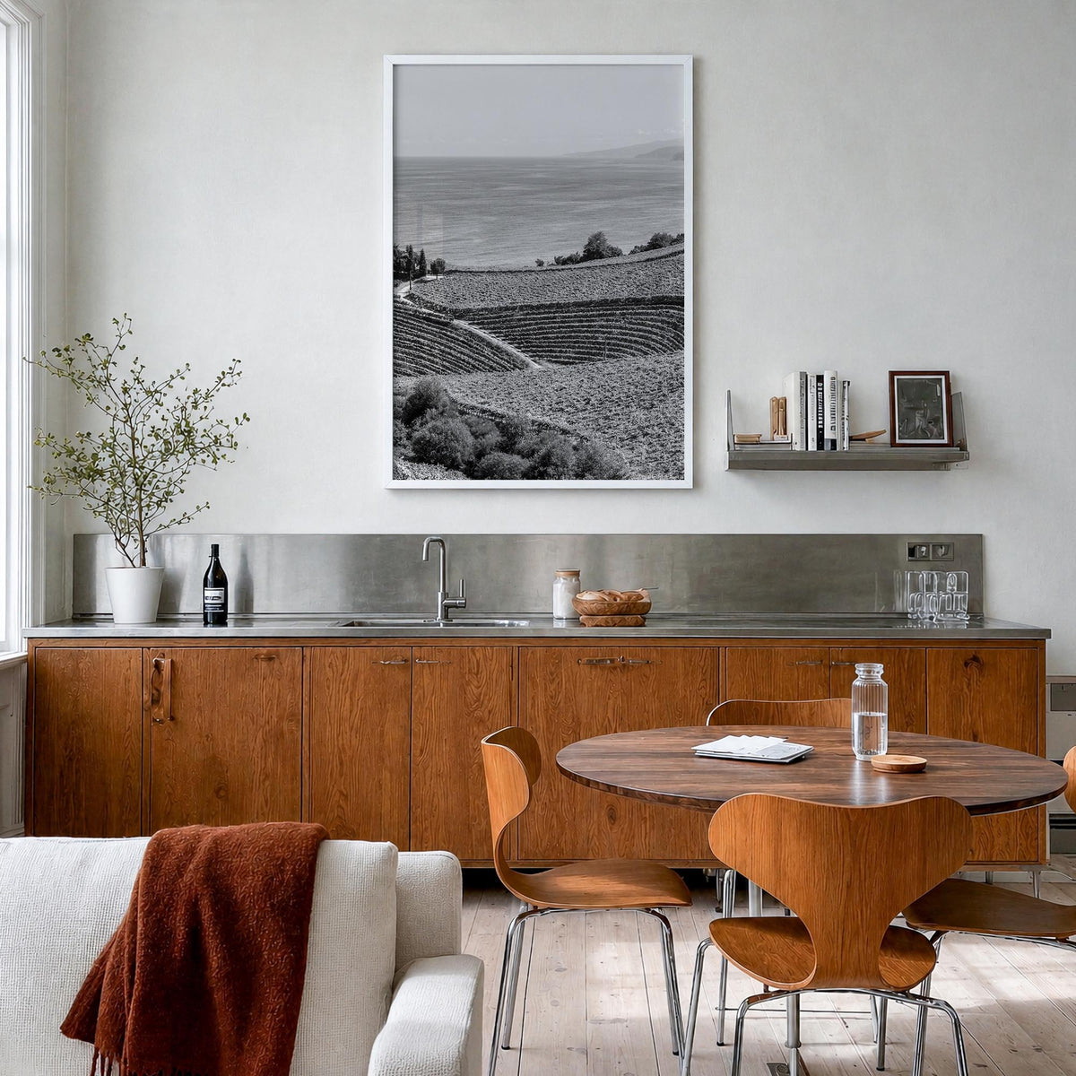 Basque Country black & white photo poster of Spain – vertical wall art in white wood frame, hanging on wall