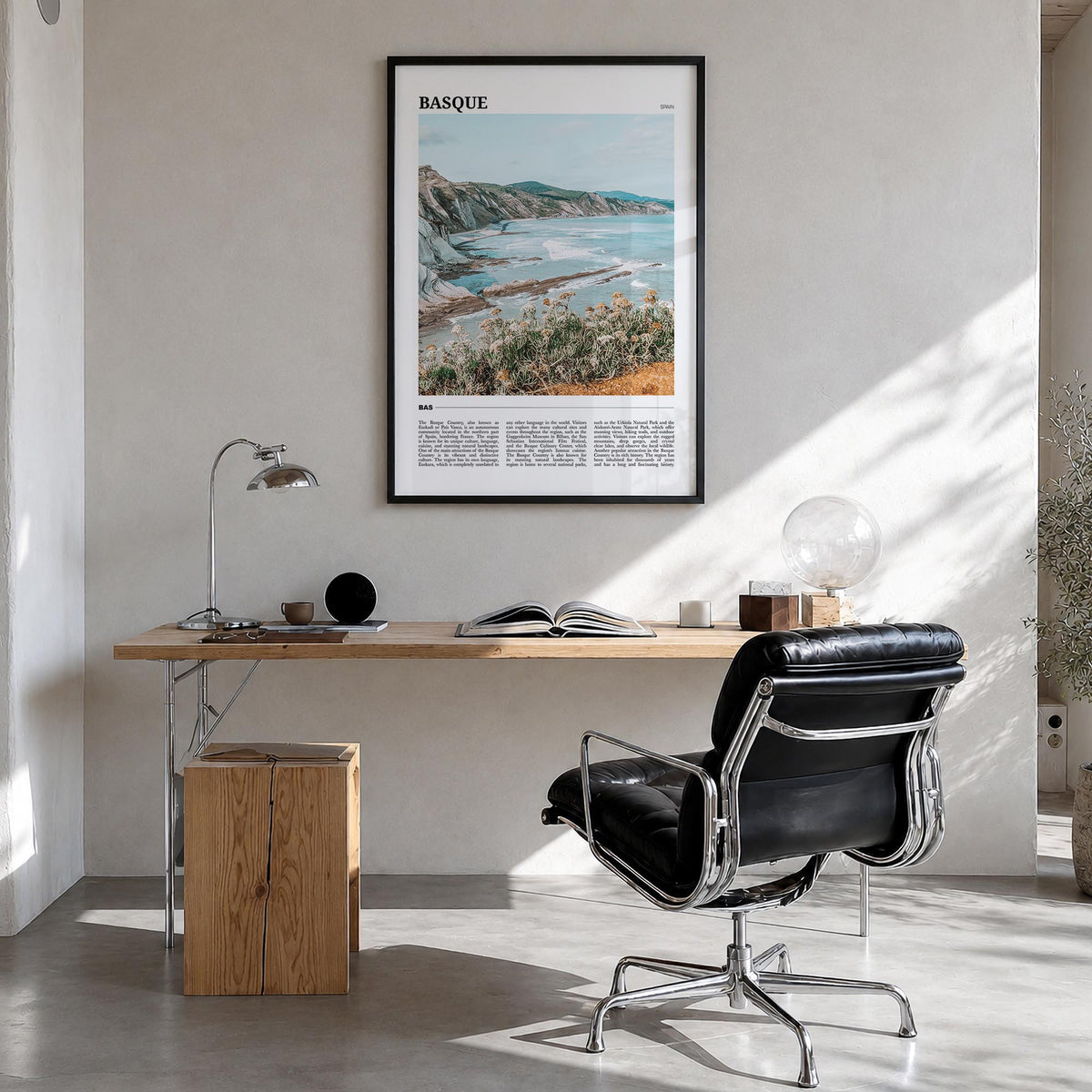 Basque Country no. 1 colorful travel poster of Spain – vertical wall art in black wood frame, hanging on wall