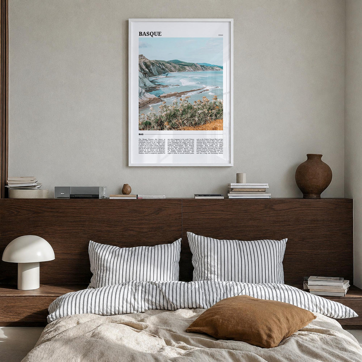 Basque Country no. 1 colorful travel poster of Spain – vertical wall art in white wood frame, hanging on wall