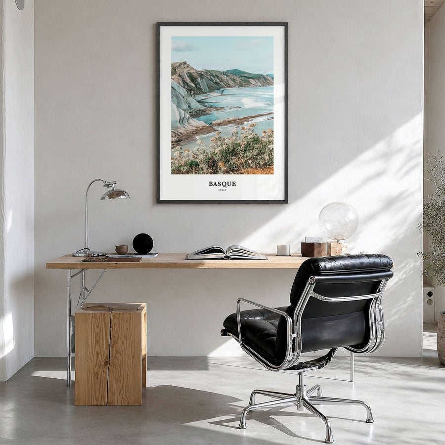 Basque Country Classic No 1 Poster in a black wood frame, hanging in a bright home office