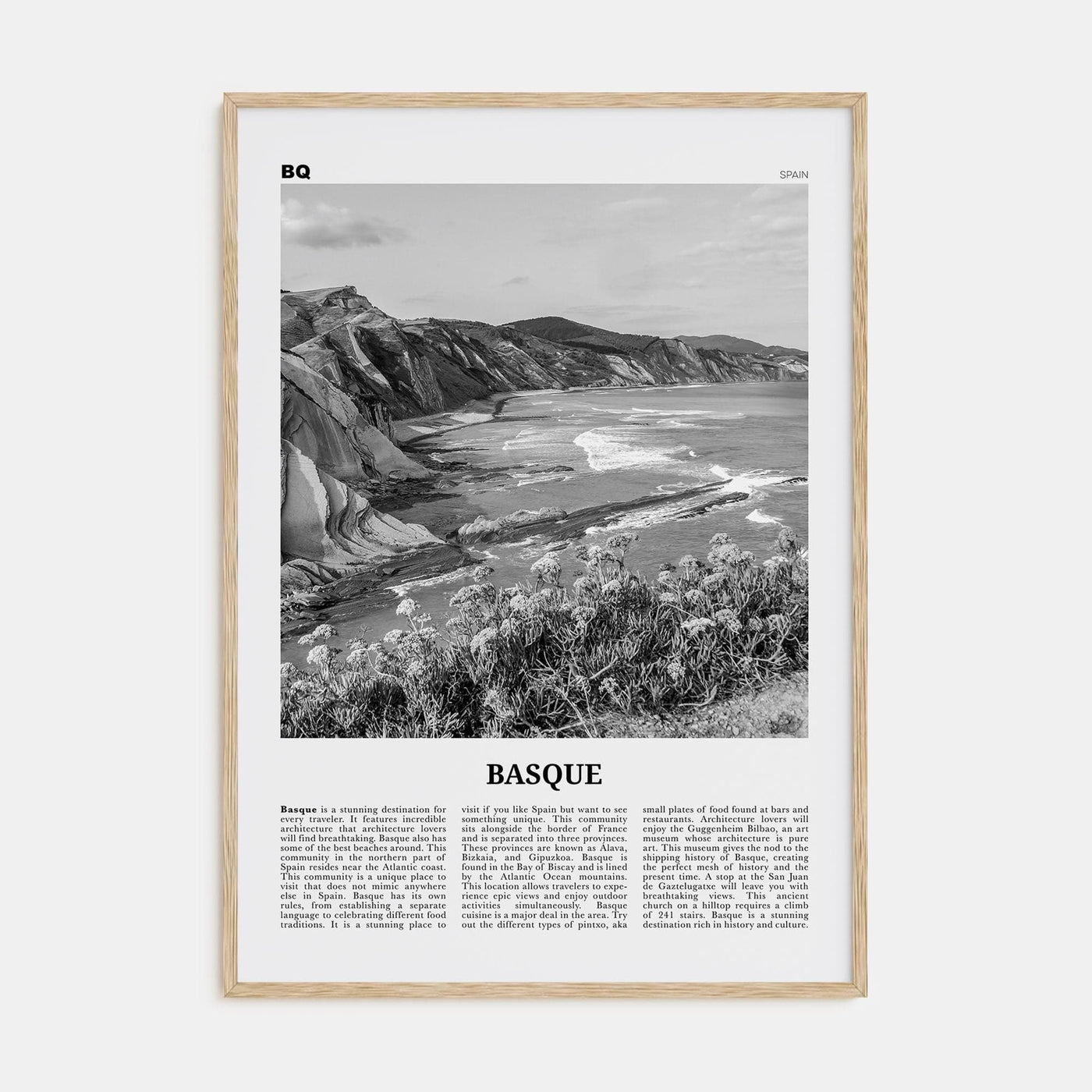 Basque Country Poster Natural Wood / 8x12 in Nbourhood Travel B&W Poster