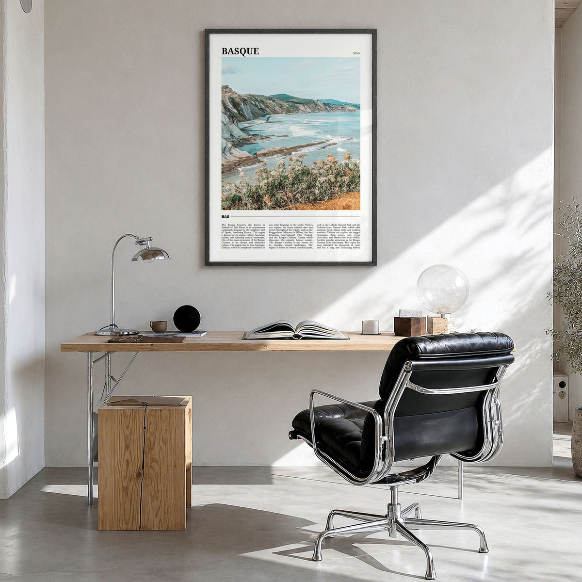 Basque Country Travel No 1 Poster in a black wood frame, hanging in a bright home office