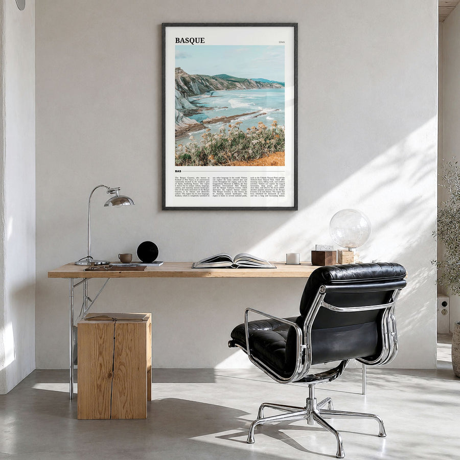 Basque Country Travel No 1 Poster in a black wood frame, hanging in a bright home office