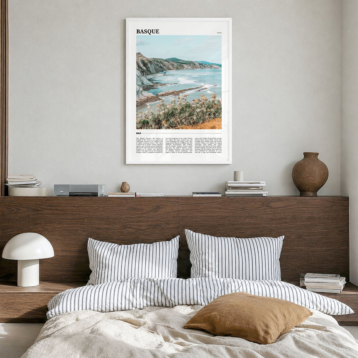 Basque Country Travel No 1 Poster in a white wood frame, hanging in a bedroom