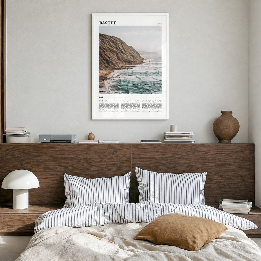 Basque Country Travel No 2 Poster in a white wood frame, hanging in a bedroom