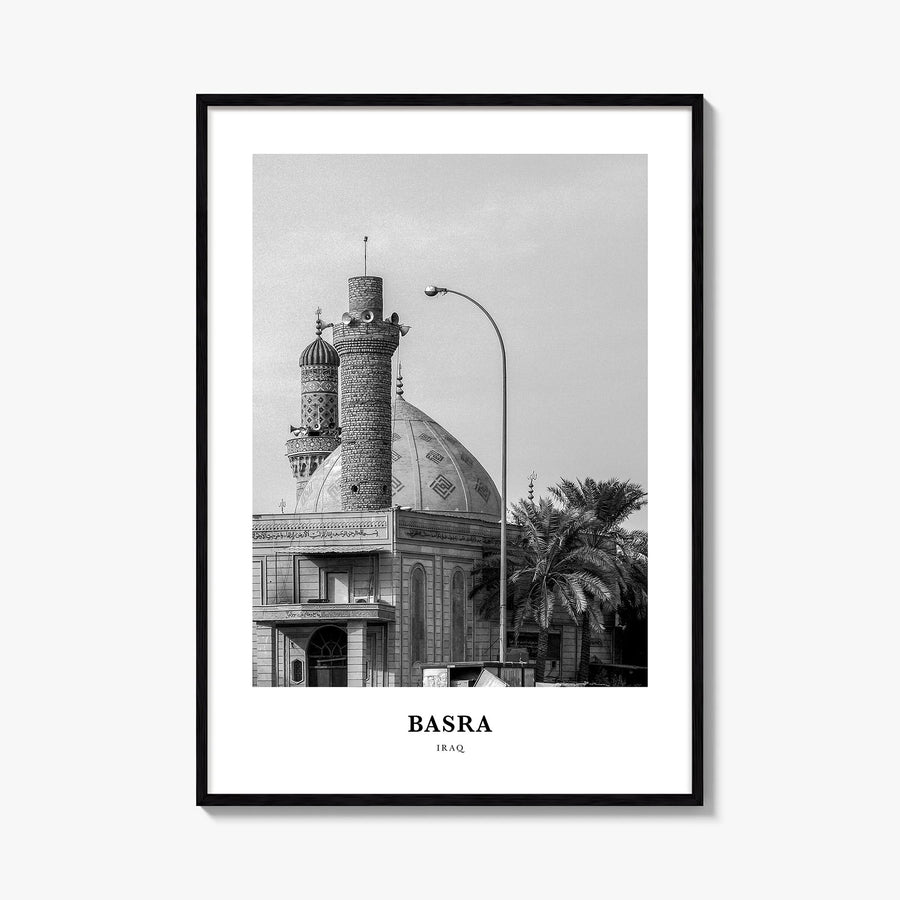 Basra black & white classic poster of Iraq – vertical wall art, unframed print shown in interior mockup