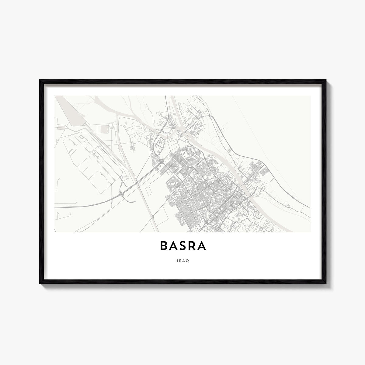 Basra black & white map poster of Iraq – horizontal wall art, unframed print shown in interior mockup
