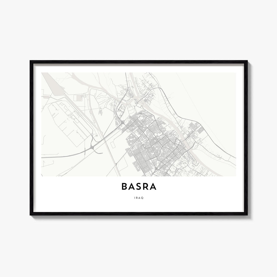 Basra black & white map poster of Iraq – horizontal wall art, unframed print shown in interior mockup