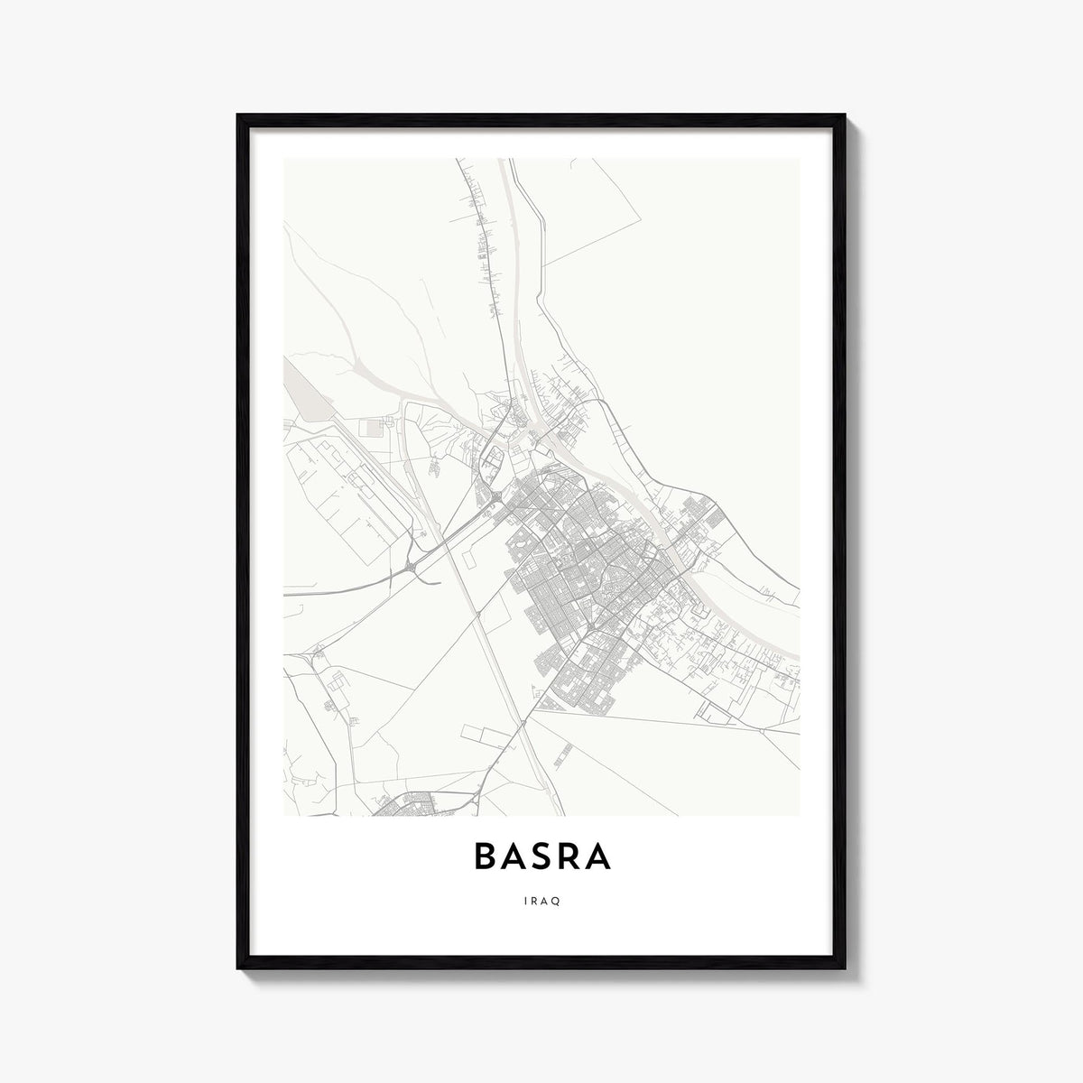 Basra black & white map poster of Iraq – vertical wall art, unframed print shown in interior mockup