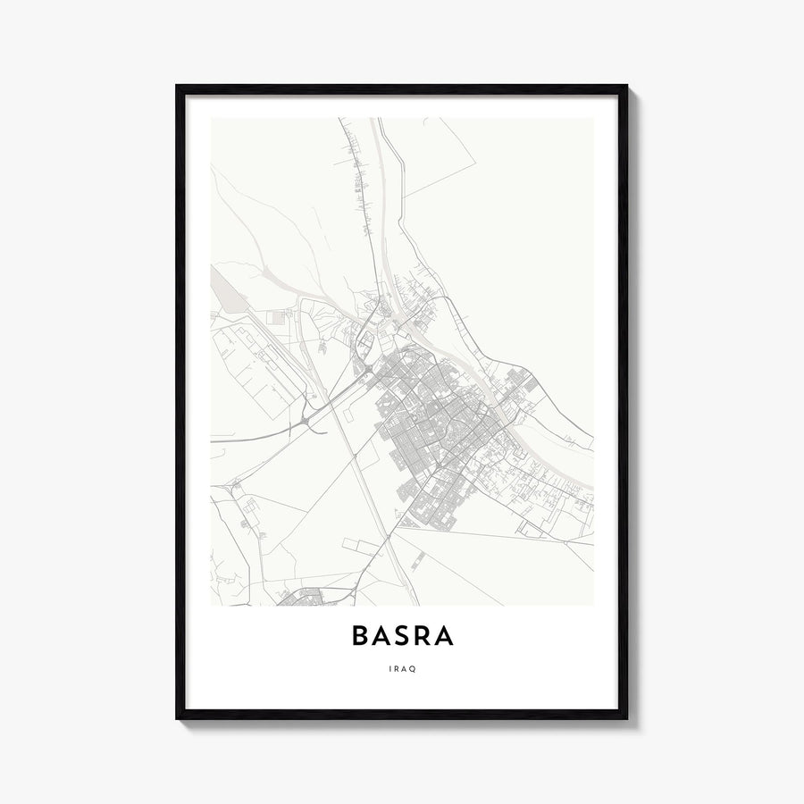 Basra black & white map poster of Iraq – vertical wall art, unframed print shown in interior mockup