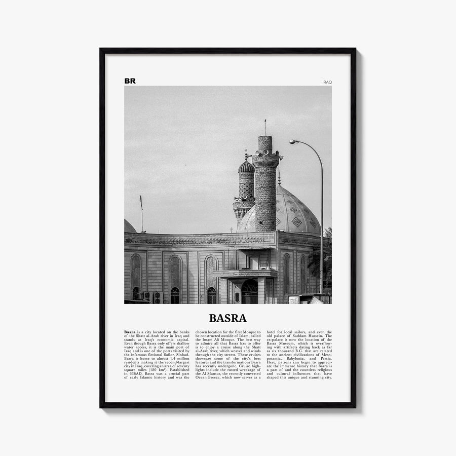 Basra black & white newspaper poster of Iraq – vertical wall art, unframed print shown in interior mockup