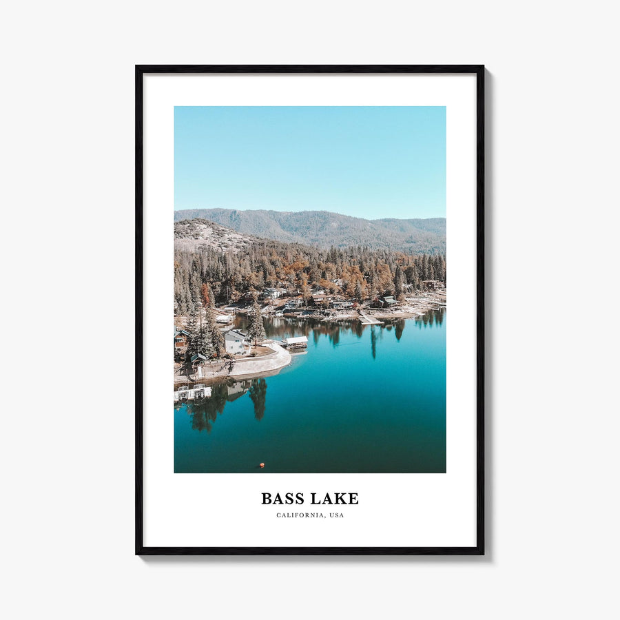 Bass Lake colorful classic poster of California, USA – vertical wall art, unframed print shown in interior mockup
