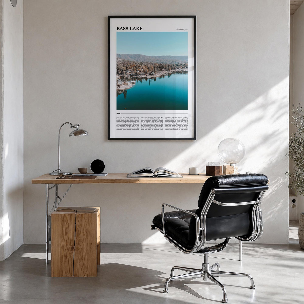 Bass Lake colorful travel poster of California, USA – vertical wall art in black wood frame, hanging on wall