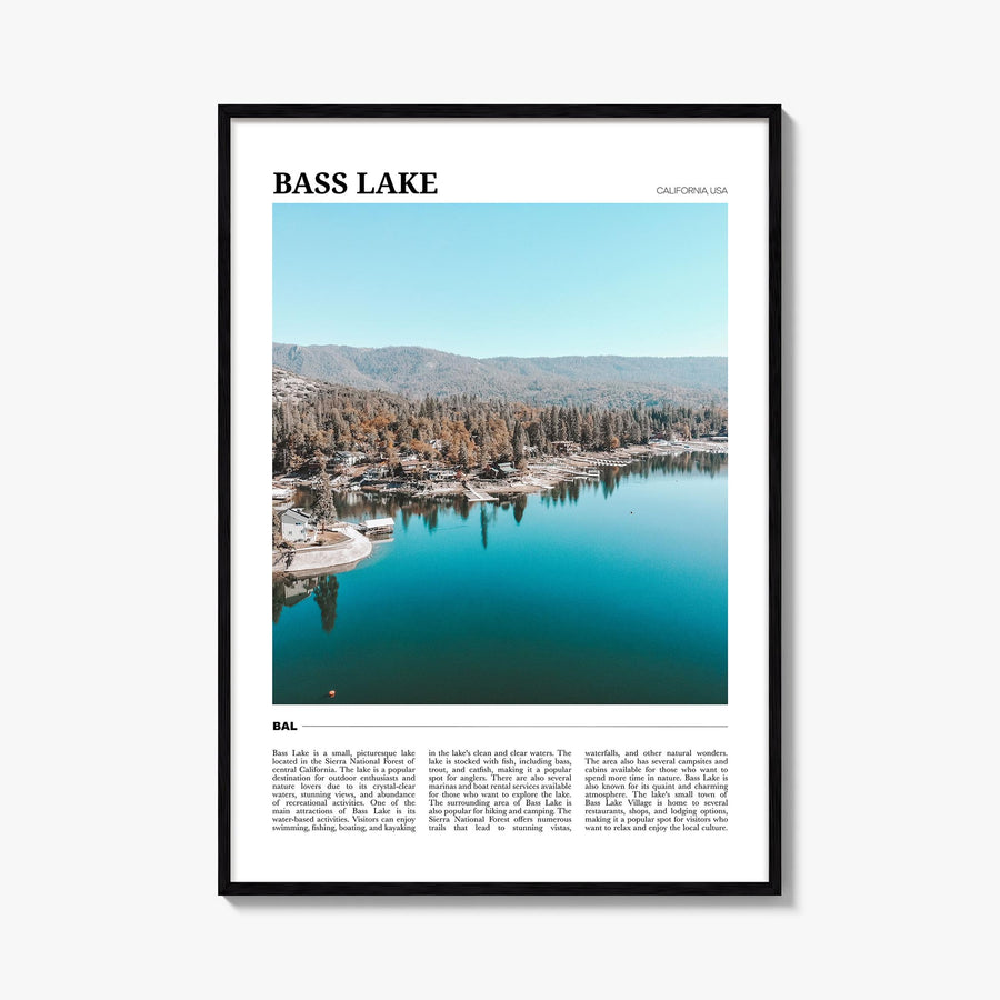 Bass Lake colorful travel poster of California, USA – vertical wall art, unframed print shown in interior mockup