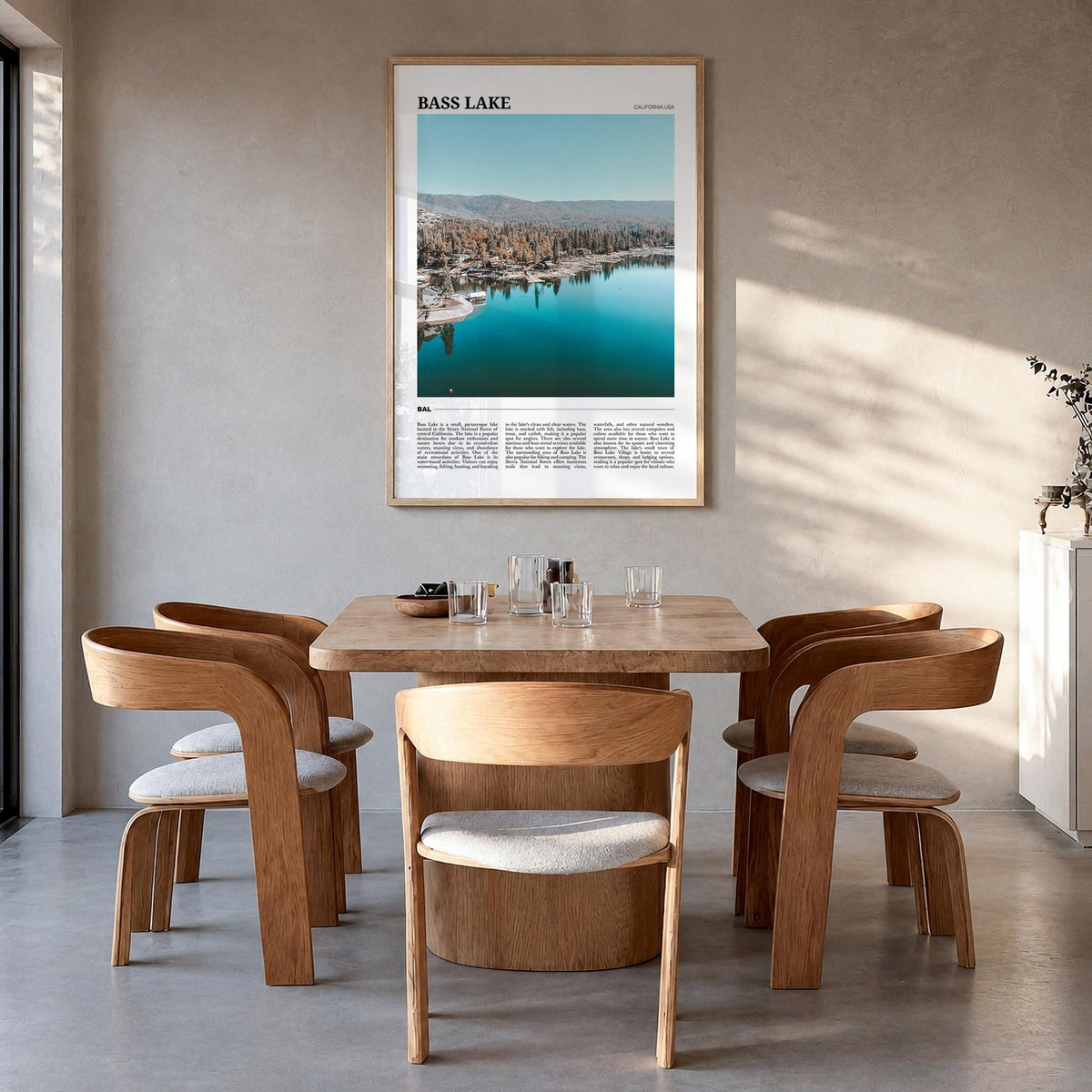 Bass Lake colorful travel poster of California, USA – vertical wall art in natural wood frame, hanging on wall