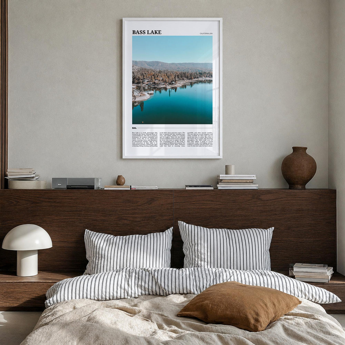 Bass Lake colorful travel poster of California, USA – vertical wall art in white wood frame, hanging on wall