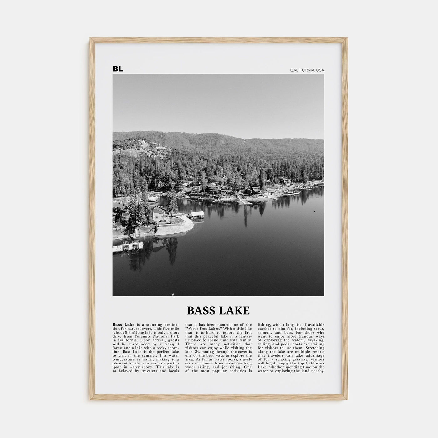 Bass Lake Poster Natural Wood / 8x12 in Nbourhood Travel B&W Poster