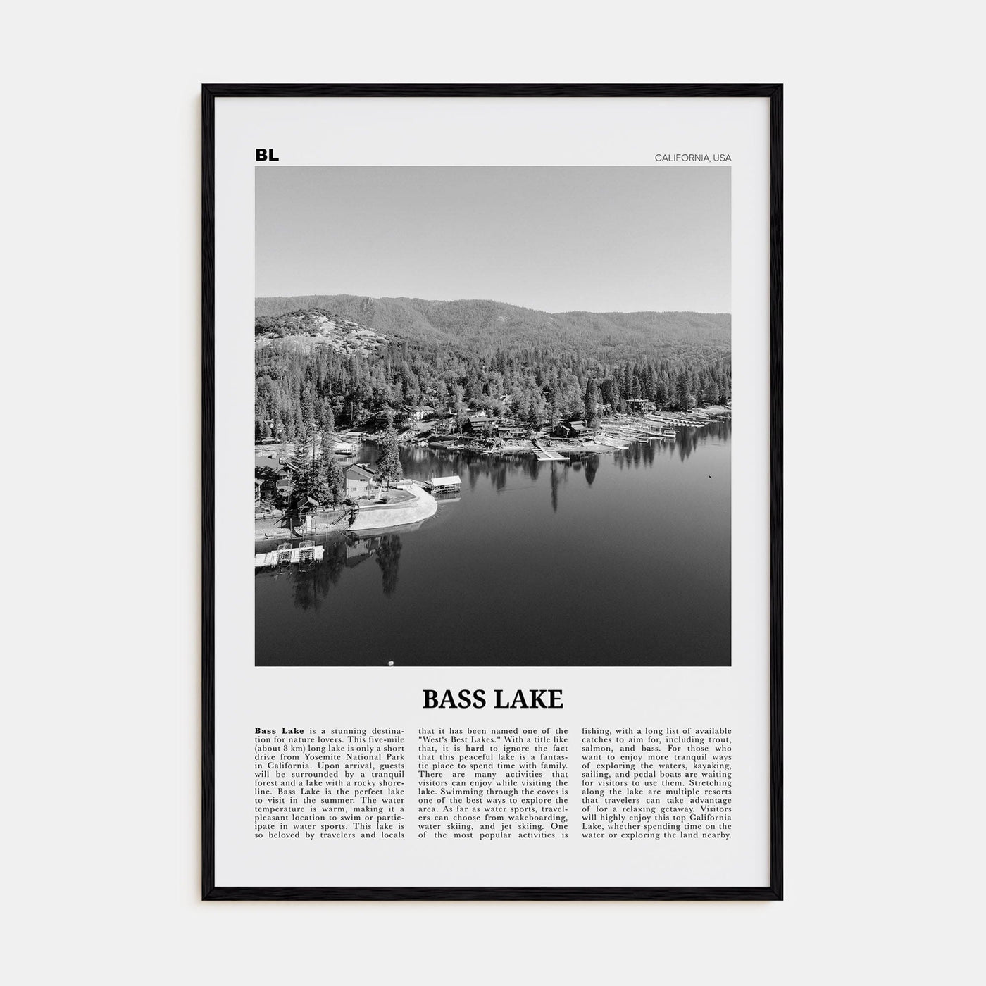 Bass Lake Poster Black Wood / 8x12 in Nbourhood Travel B&W Poster