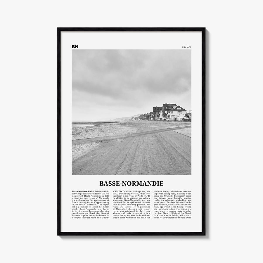 Lower Normandy no. 1 black & white newspaper poster of France – vertical wall art, unframed print shown in interior mockup