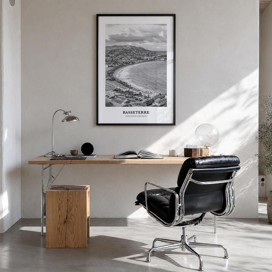 Basseterre black & white classic poster of Saint Kitts and Nevis – vertical wall art in black wood frame, hanging on wall