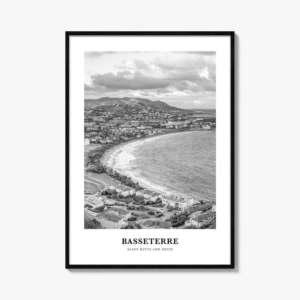 Basseterre black & white classic poster of Saint Kitts and Nevis – vertical wall art, unframed print shown in interior mockup