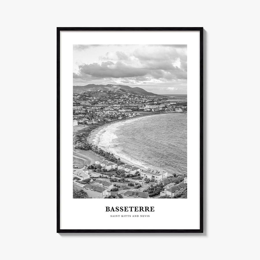 Basseterre black & white classic poster of Saint Kitts and Nevis – vertical wall art, unframed print shown in interior mockup