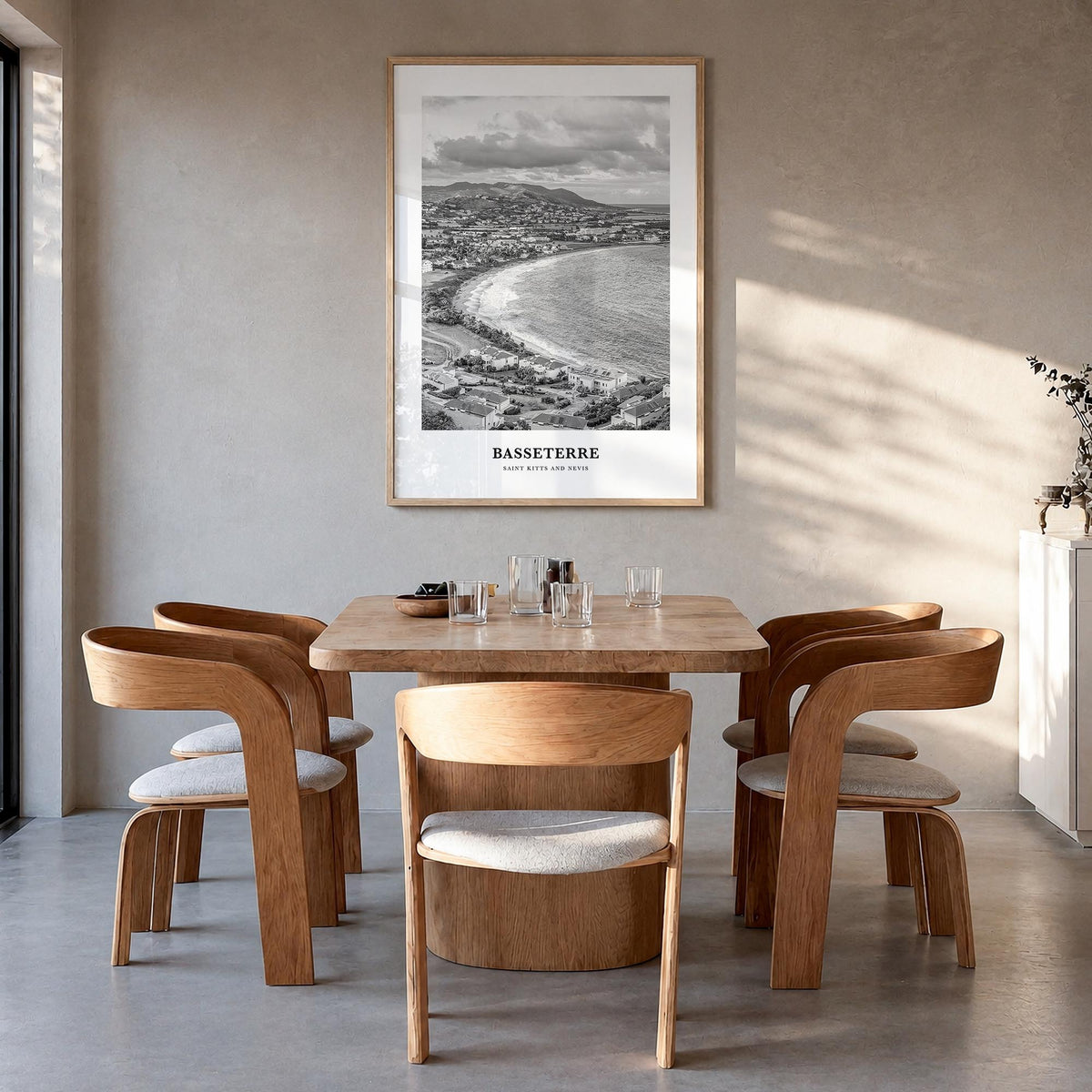 Basseterre black & white classic poster of Saint Kitts and Nevis – vertical wall art in natural wood frame, hanging on wall