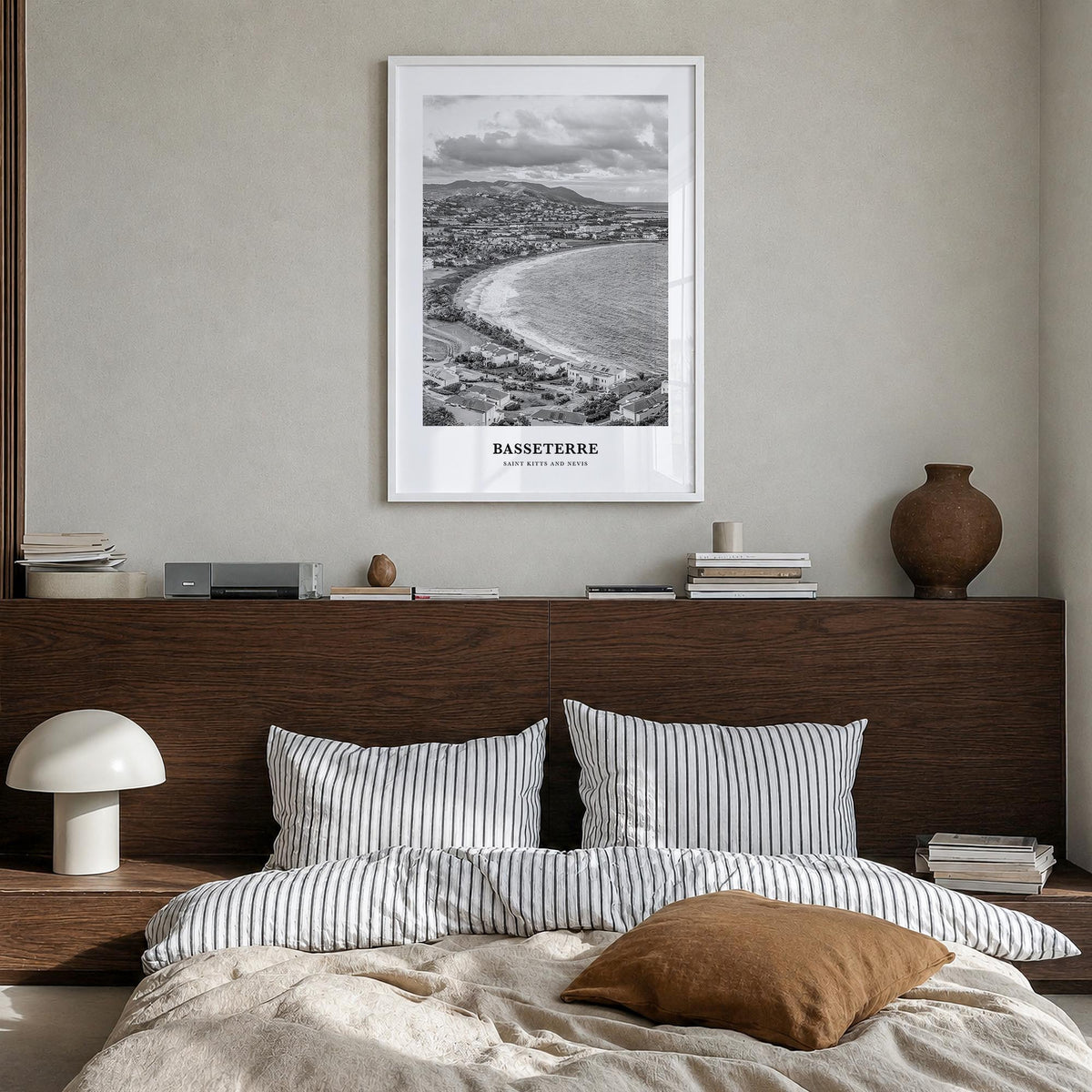 Basseterre black & white classic poster of Saint Kitts and Nevis – vertical wall art in white wood frame, hanging on wall