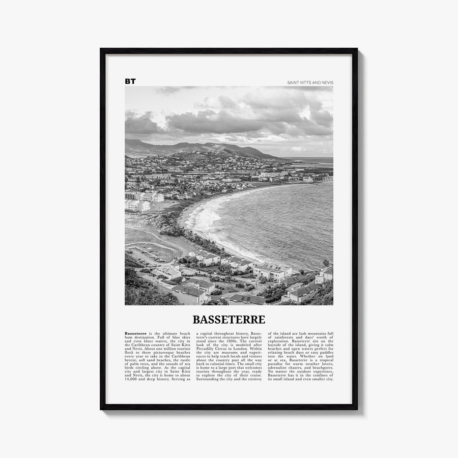 Basseterre black & white newspaper poster of Saint Kitts and Nevis – vertical wall art, unframed print shown in interior mock