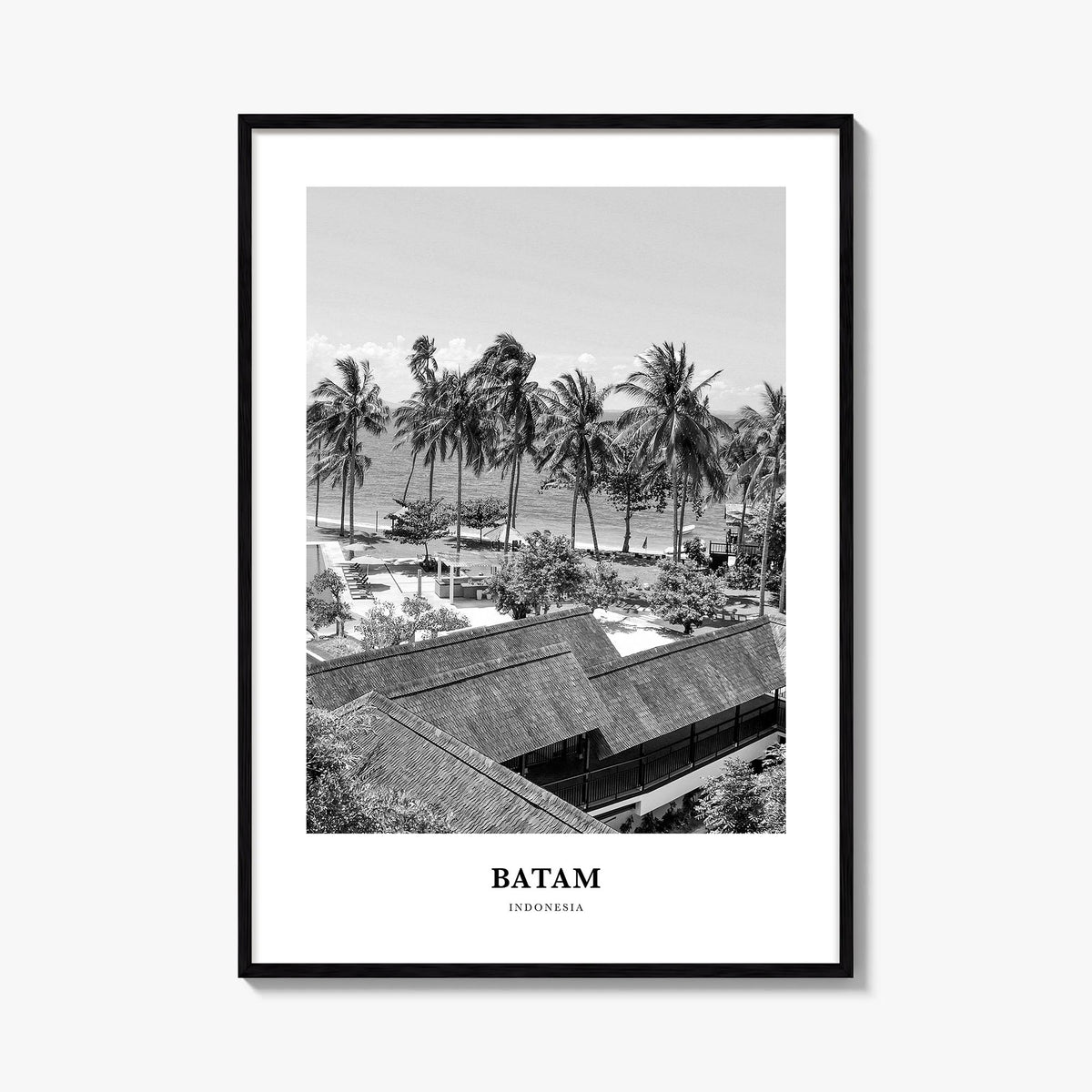 Batam black & white classic poster of Indonesia – vertical wall art, unframed print shown in interior mockup