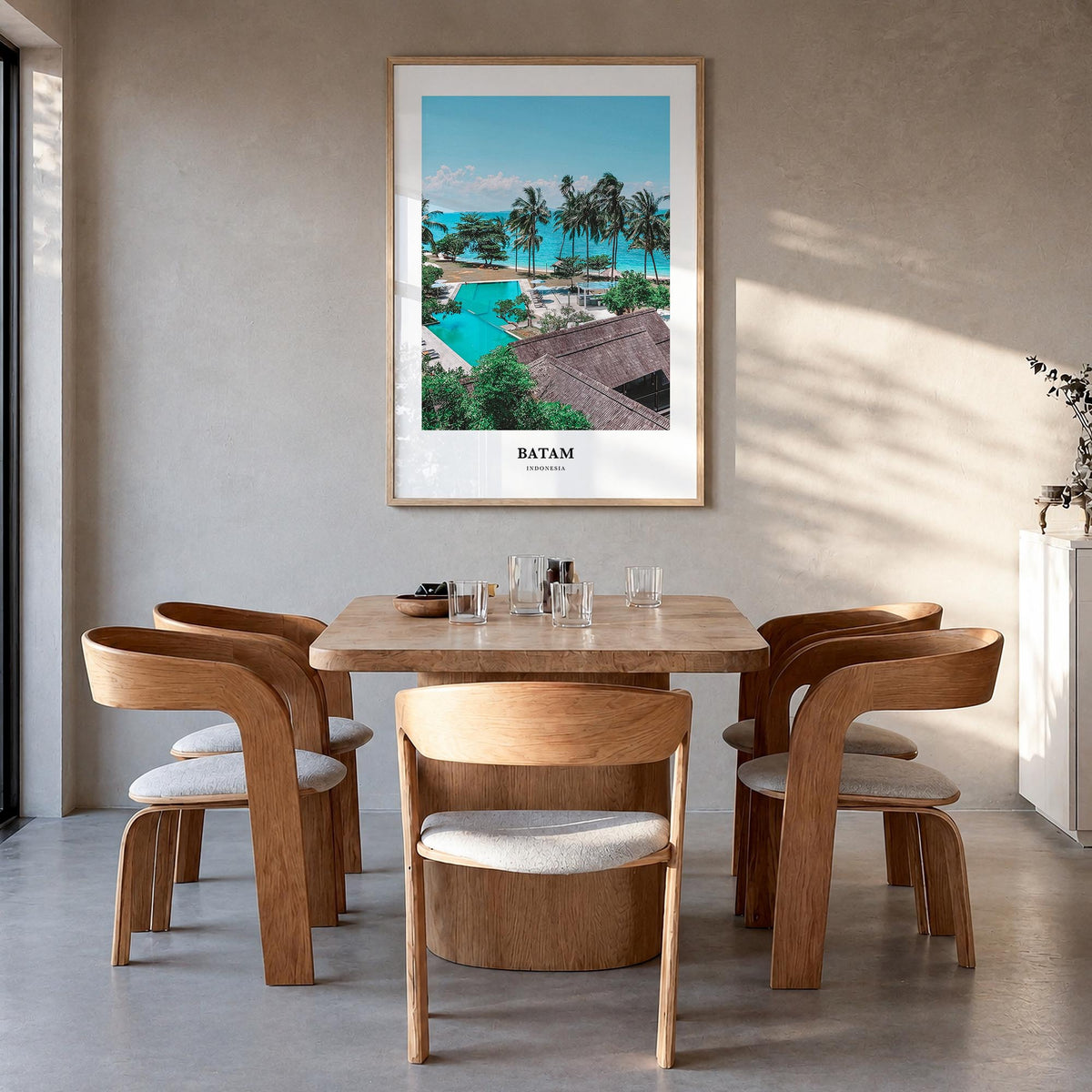Batam colorful classic poster of Indonesia – vertical wall art in natural wood frame, hanging on wall