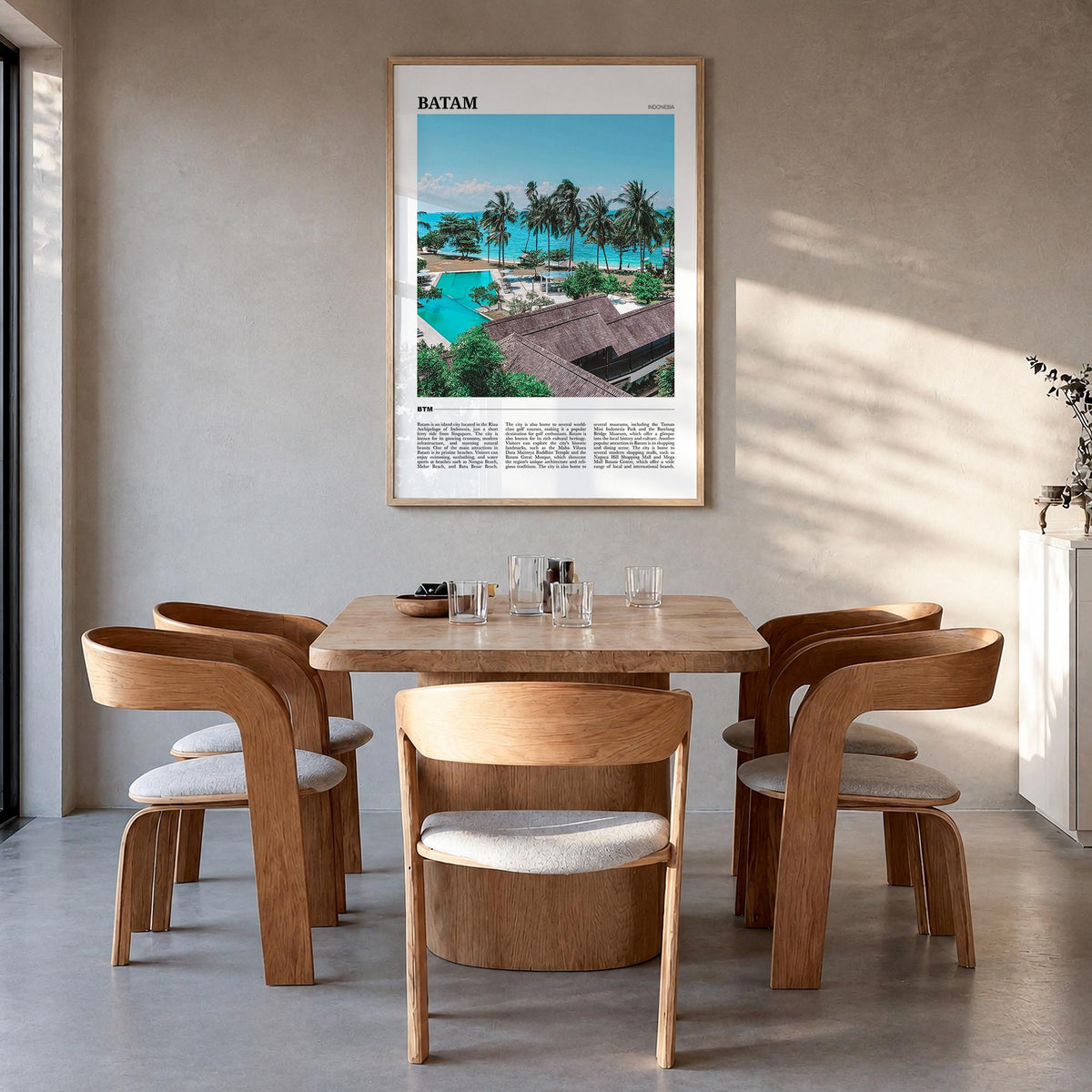 Batam colorful travel poster of Indonesia – vertical wall art in natural wood frame, hanging on wall