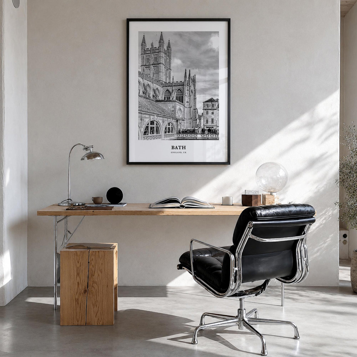 Bath black & white classic poster of England, UK – vertical wall art in black wood frame, hanging on wall