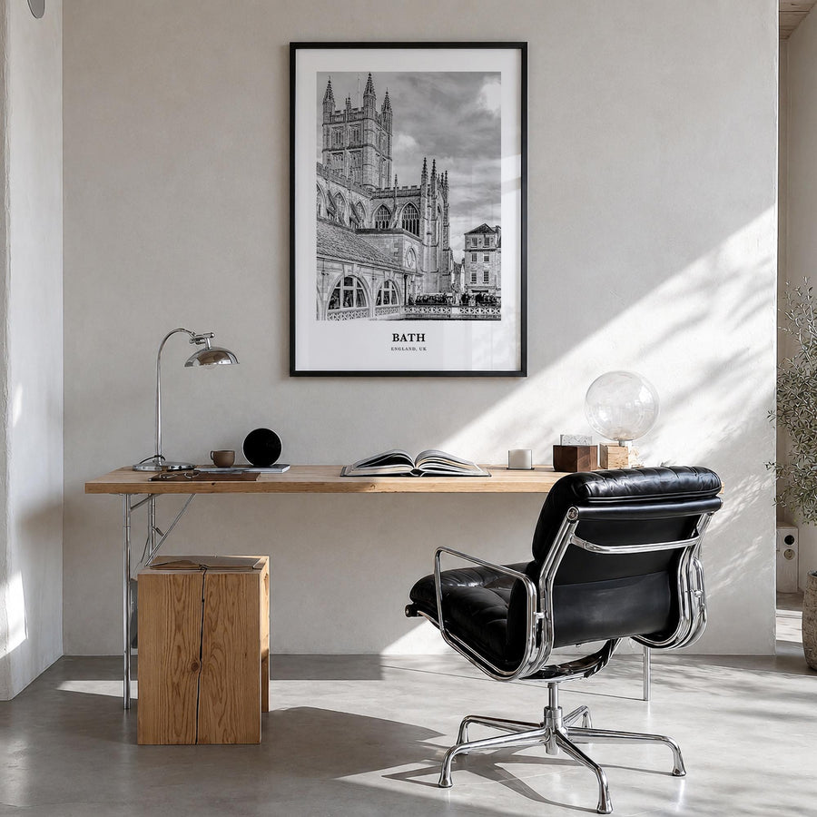 Bath black & white classic poster of England, UK – vertical wall art in black wood frame, hanging on wall