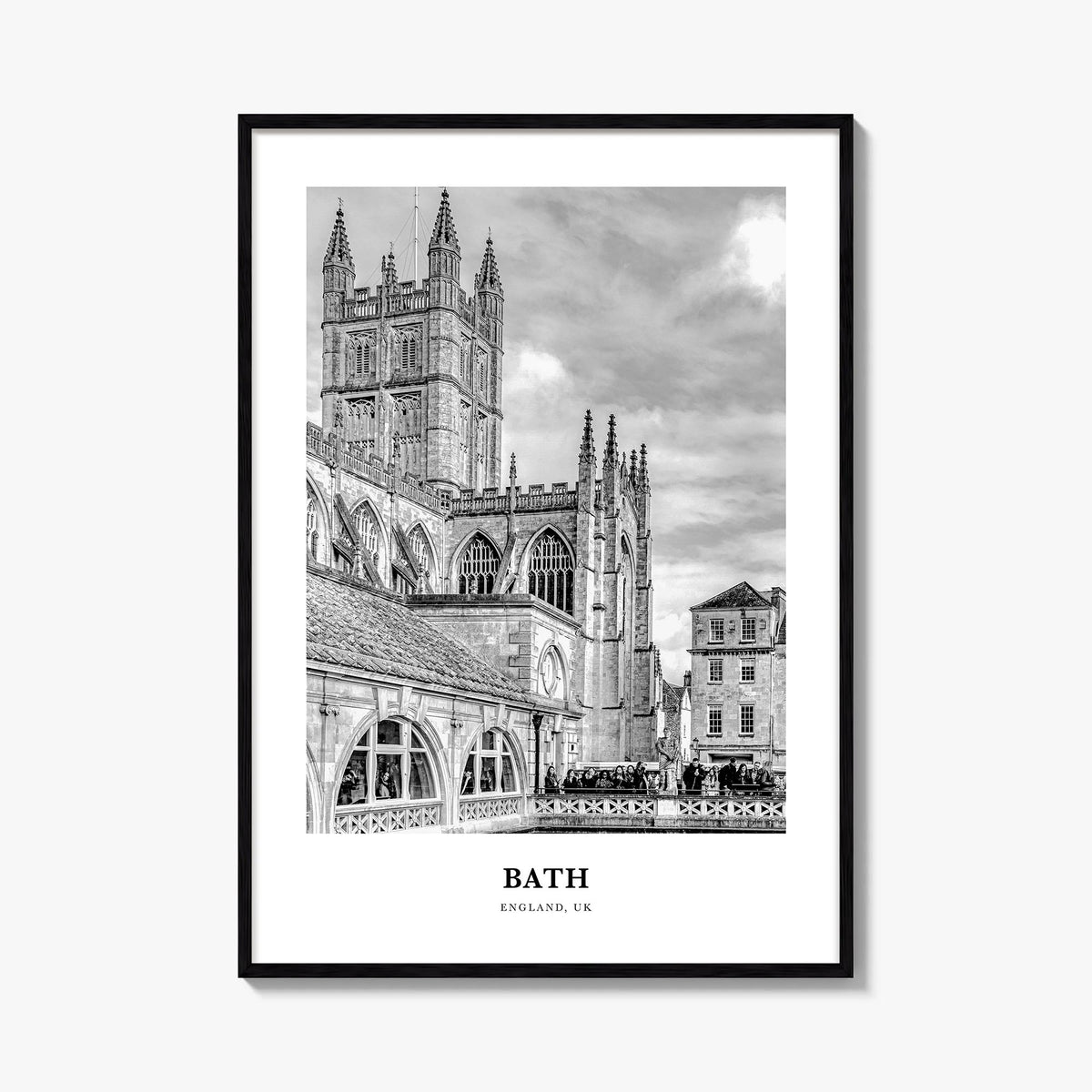 Bath black & white classic poster of England, UK – vertical wall art, unframed print shown in interior mockup