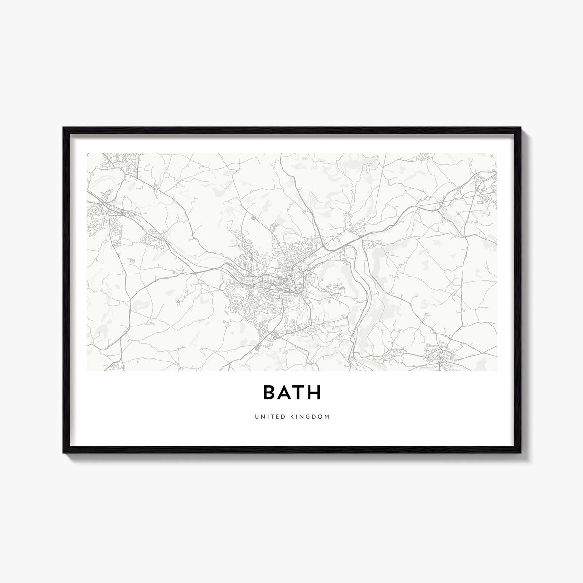 Bath black & white map poster of England, UK – horizontal wall art, unframed print shown in interior mockup