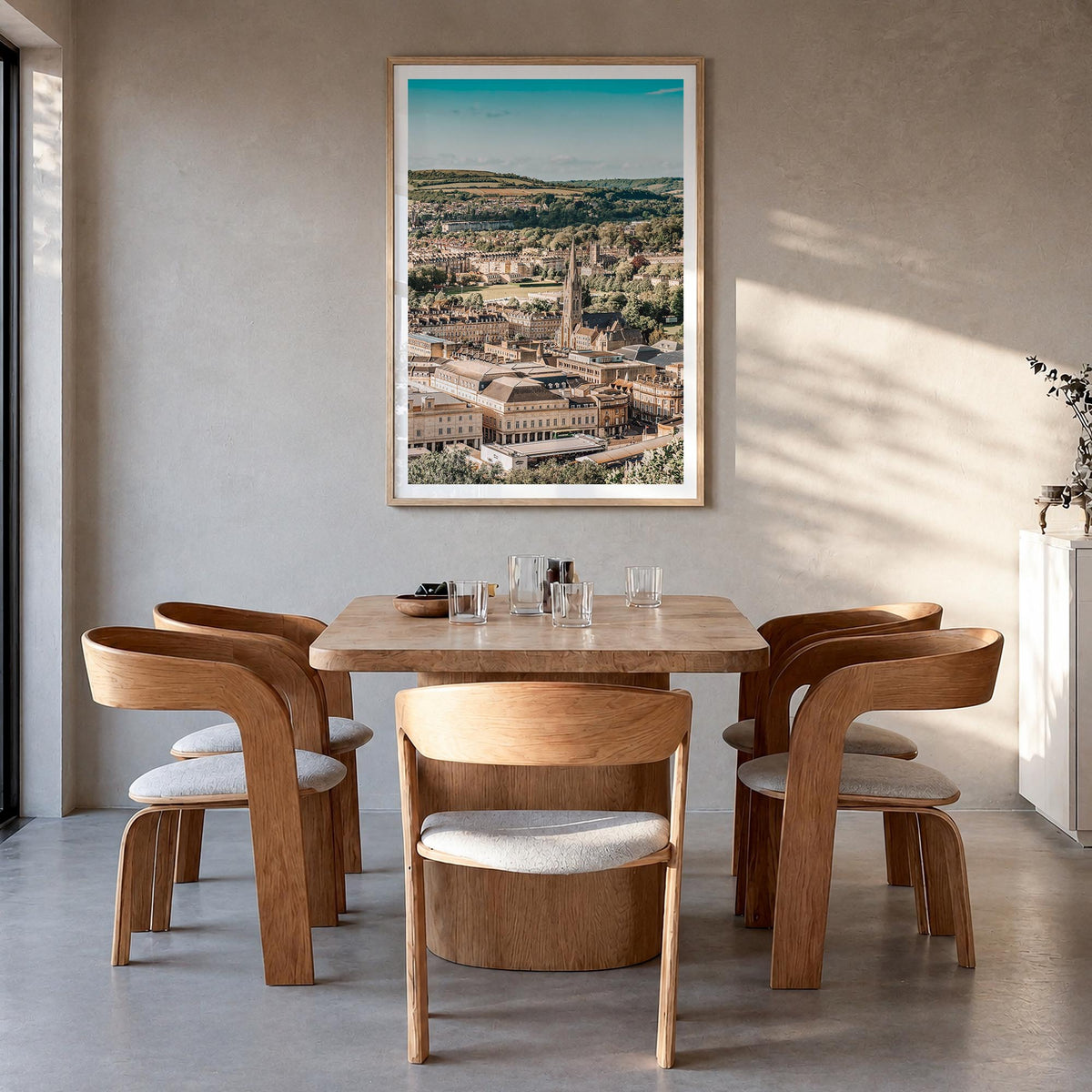 Bath colorful photo poster of England, UK – vertical wall art in natural wood frame with white border, hanging on wall