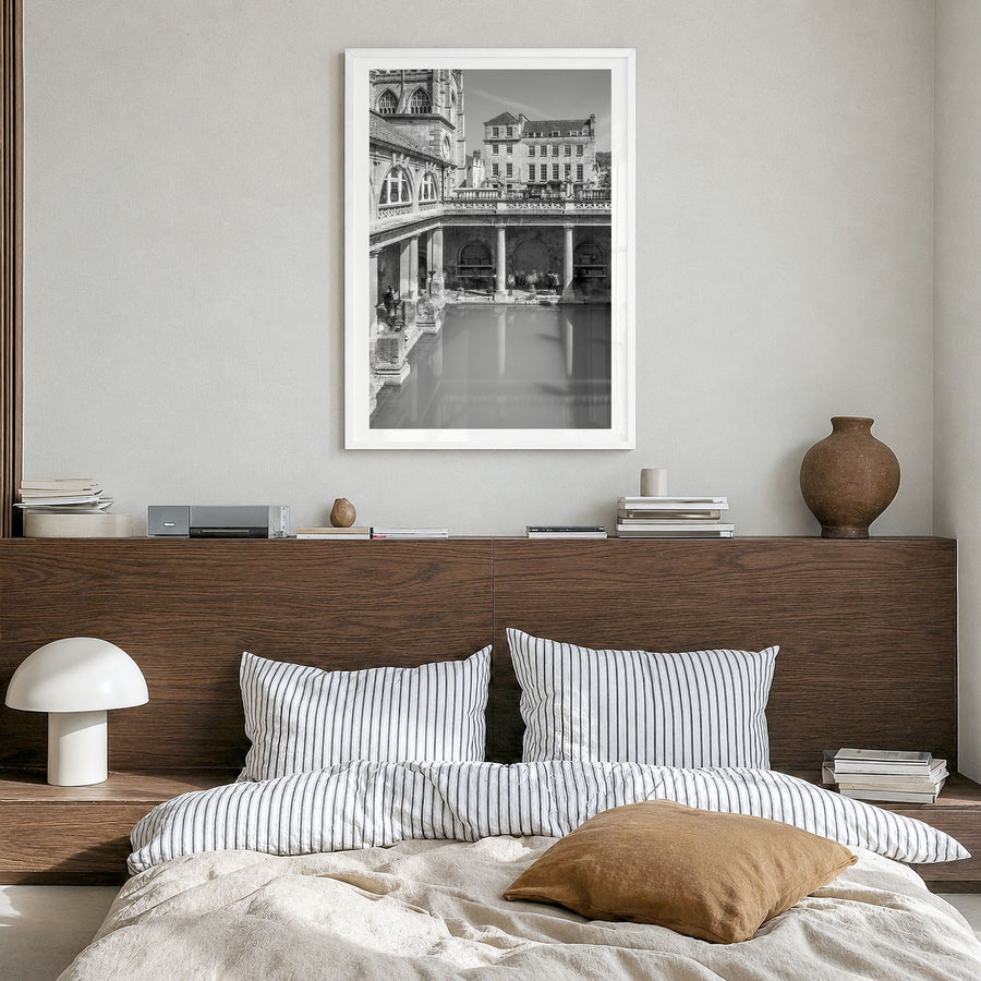 Bath Photo Poster in a white wood frame, hanging in a bedroom, white border