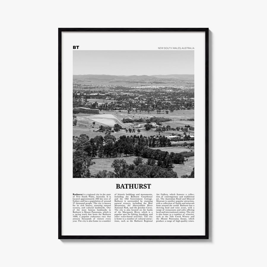 Bathurst black & white newspaper poster of Australia – vertical wall art, unframed print shown in interior mockup