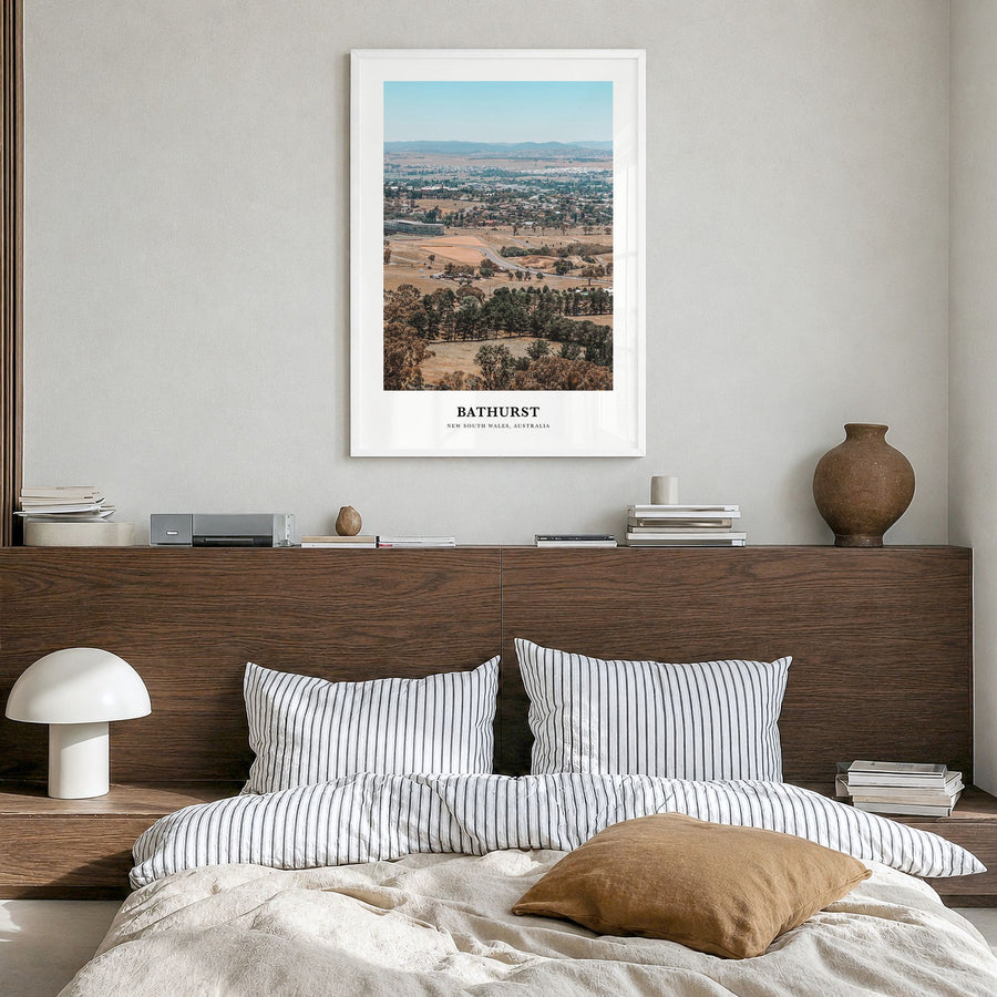 Bathurst Classic Poster in a white wood frame, hanging in a bedroom