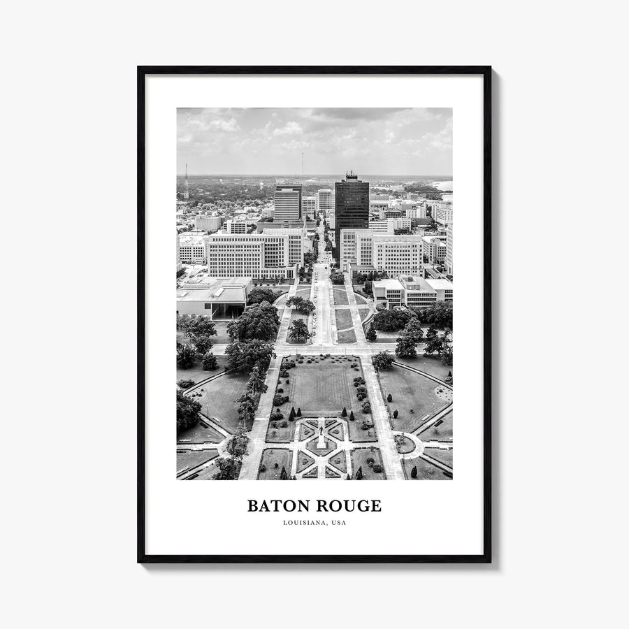 Baton Rouge black & white classic poster of Louisiana, USA – vertical wall art, unframed print shown in interior mockup