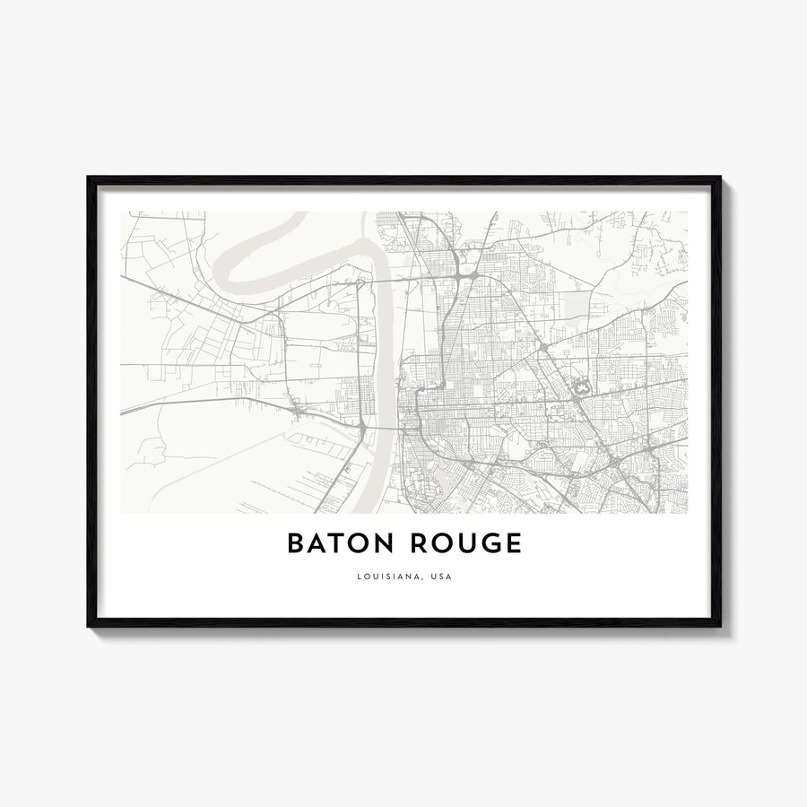 Baton Rouge black & white map poster of Louisiana, USA – horizontal wall art, unframed print shown in interior mockup